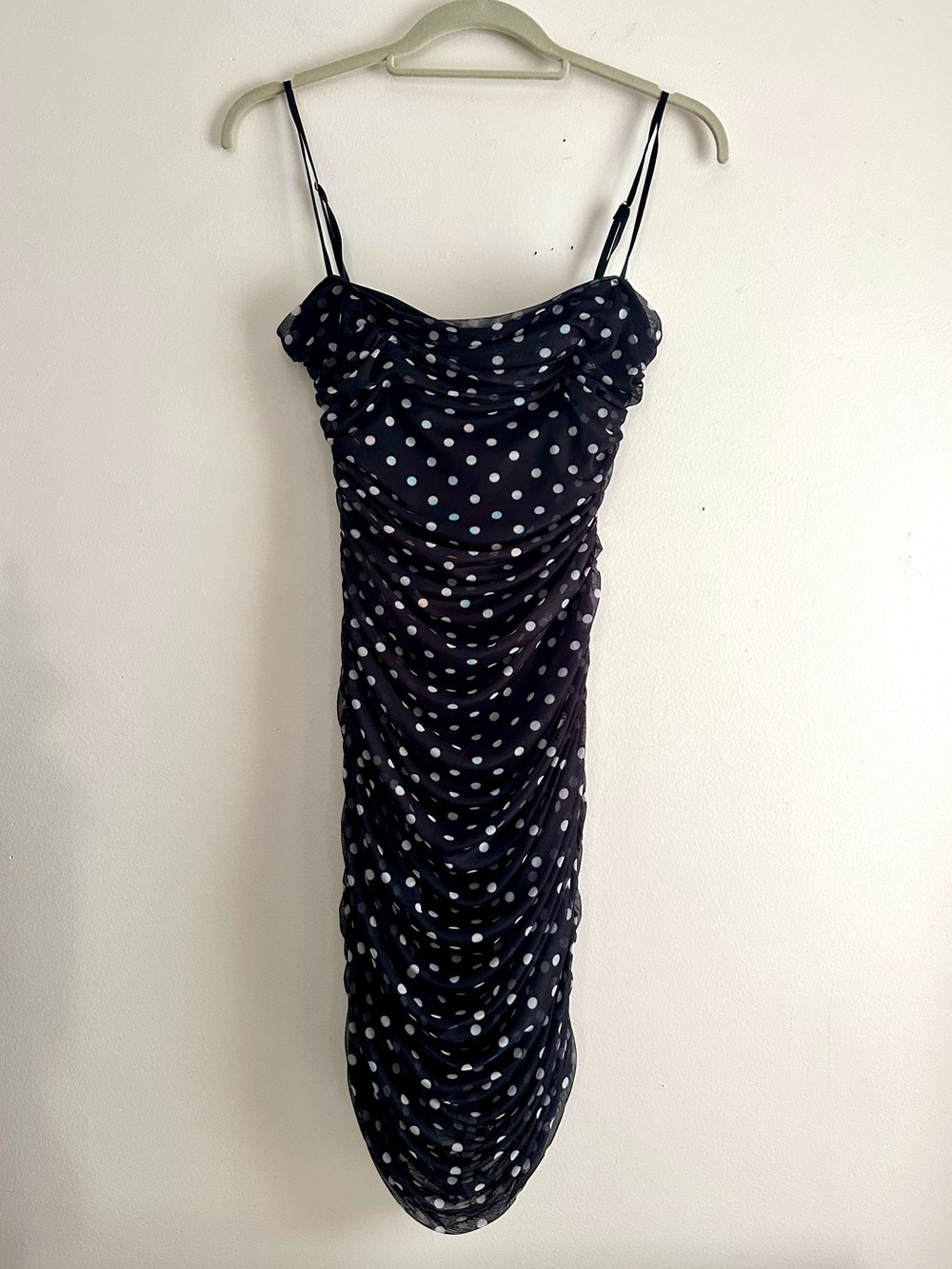 bebe • Polka Dot Ruched Mesh Bodycon Dress